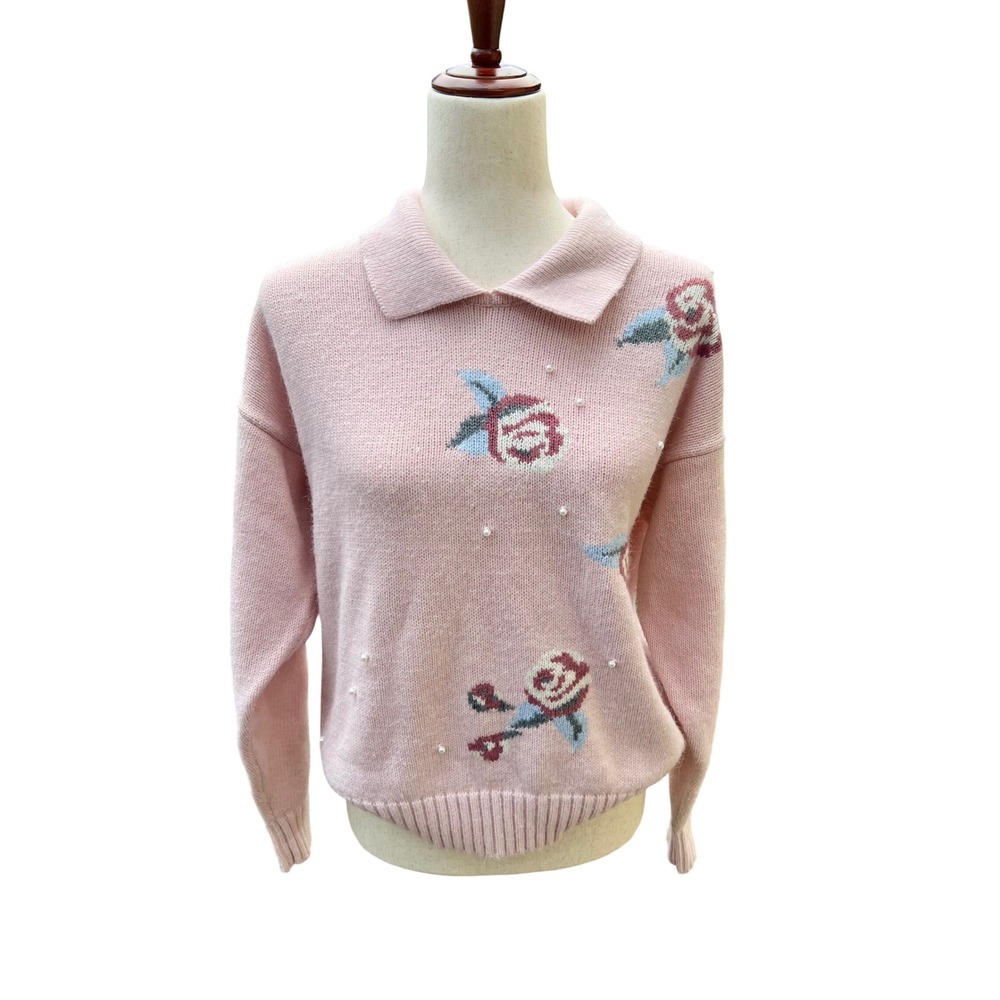 Vintage Russ L Pink Floral Pearl Embellished Polo Collar Knit Sweater Hong Kong